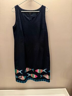 Talbots Navy Sleeveless Shift Dress with Colorful Fish Trim sequin size 10